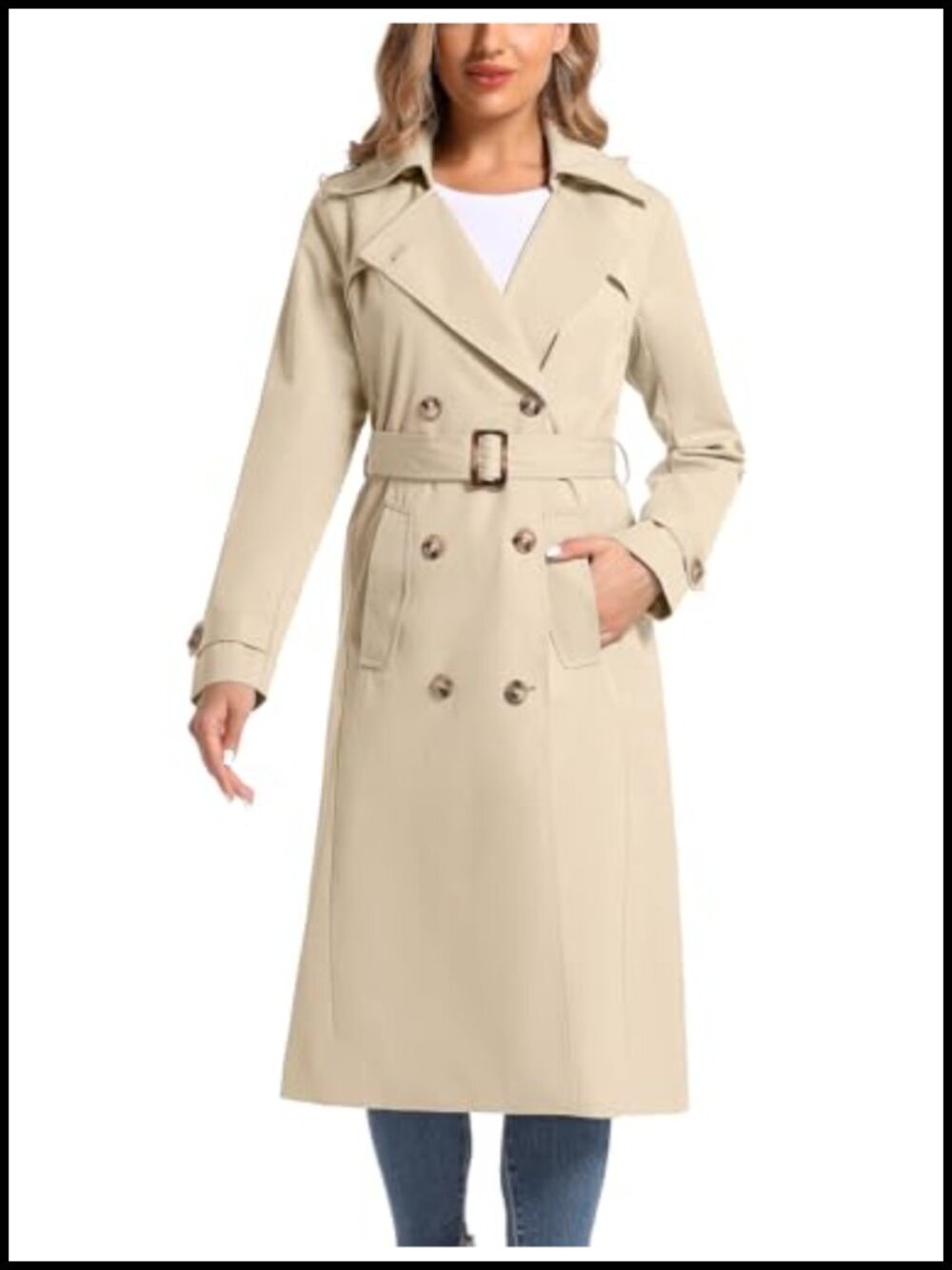 Women's Waterproof Long Trench Coat Double Breasted Removable Hood Belted
